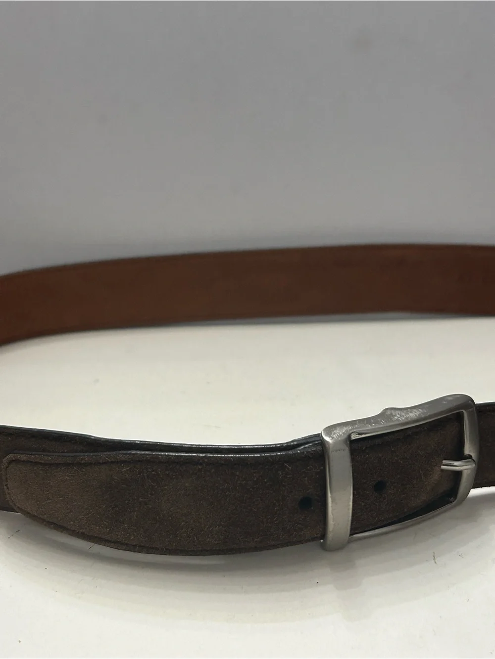 Cole Haan Brown Suede Leather Belt Size 38 Brass Buckle Silver Finish